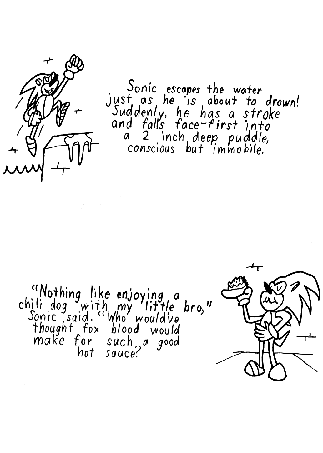 Story 9: Sonic escapes the water just as he is about to drown! Suddenly, he has a stroke and falls face-first into a two inch deep puddle, conscious but immobile. Story 10: Nothing like enjoying a chili dog with my little bro, Sonic said. Who would’ve thought fox blood would make for such a good hot sauce?